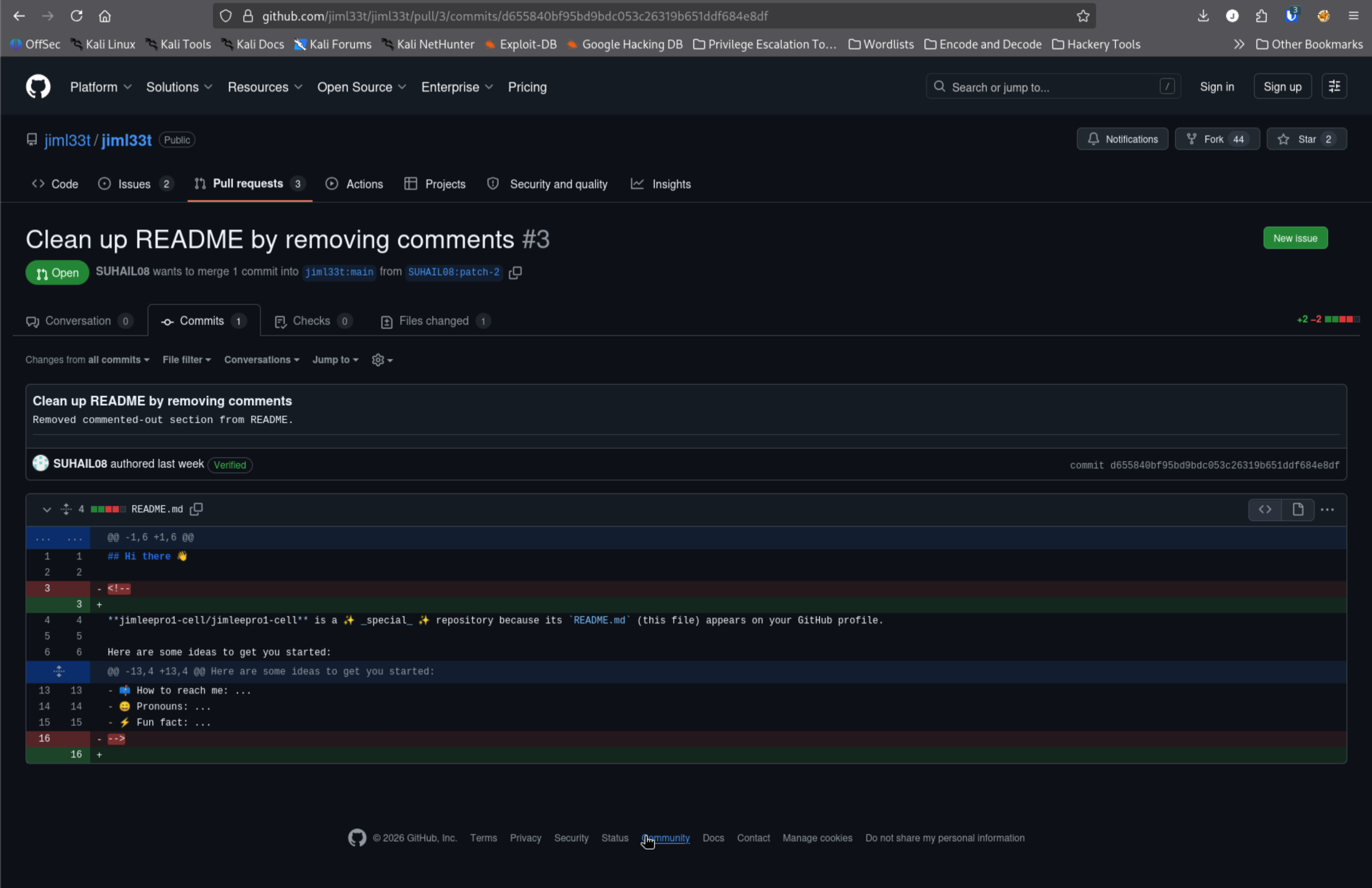 Raw README at the full commit SHA showing uncleaned content before sweep commits